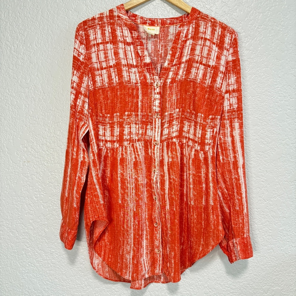 Anthropologie Maeve Women Blouse Calia Button Front Tunic Top Roll Sleeve US 12